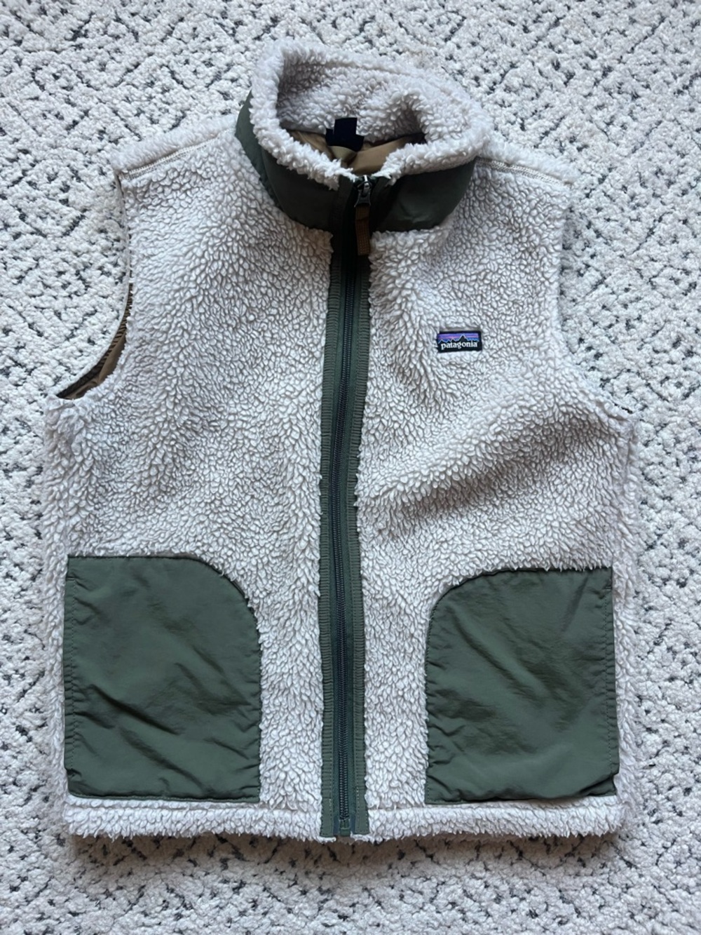 Patagonia Cream Sherpa Vest with Olive Brown Interior
